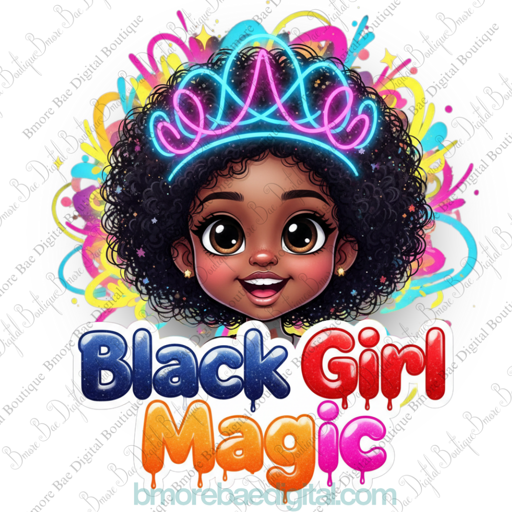 Adorable Black Girl Magic illustration featuring a smiling brown-skinned girl with a glittering afro, golden crown, and pink “Black Girl Magic” text beneath her.