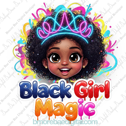 Adorable Black Girl Magic illustration featuring a smiling brown-skinned girl with a glittering afro, golden crown, and pink βBlack Girl Magicβ text beneath her.