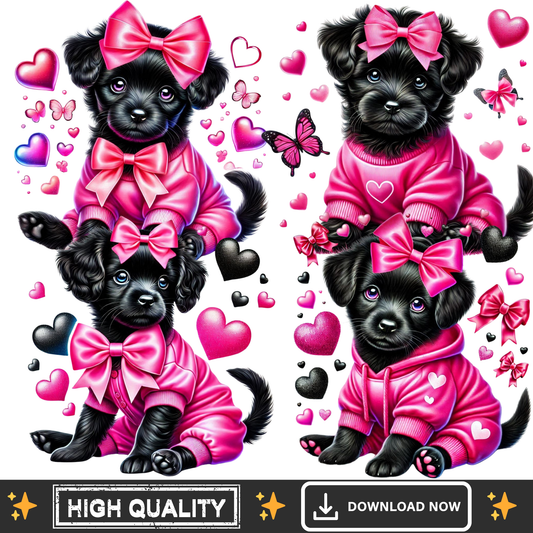 Black Puppy Love PNG Bundle – Cute Bow Dog Clipart Transparent