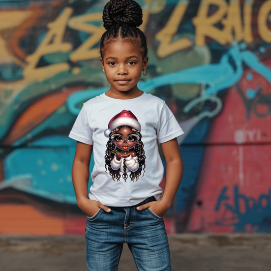 Child wearing a white t-shirt with a graphic design in front of a graffiti wall.