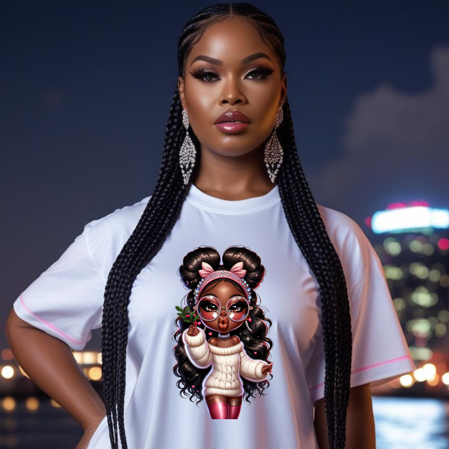 Woman wearing a white t-shirt with a graphic of a girl with braids and a cityscape in the background