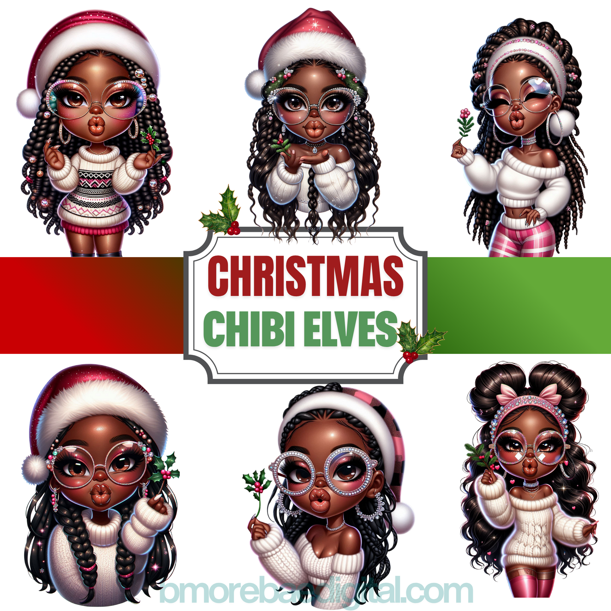 Set of Christmas-themed chibi elves with decorative elements on a white background.