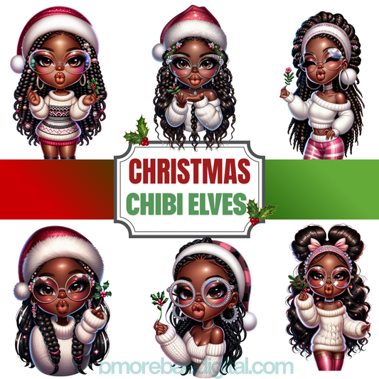Set of Christmas-themed chibi elves with decorative elements on a white background.