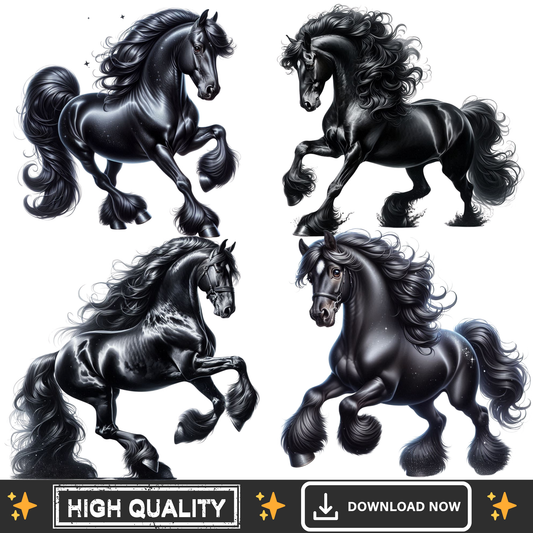 Friesian Horse PNG Bundle – 4 Black Horse Clipart Transparent