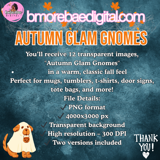 Autumn Glam Gnome Sublimation PNG Bundle β 12 High-Quality Fall Designs