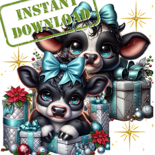 Black and White Highland Cow Christmas Tiffany Blue Gifts PNG Bundle