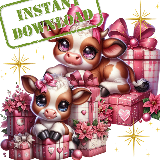 Brown and White Highland Cow Christmas Pink Gifts PNG Bundle