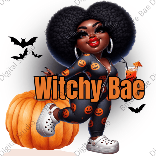 Witchy Bae β Afro Halloween Girl PNG (Transparent)