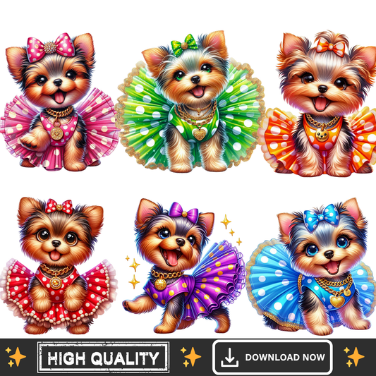Yorkies in Tutus PNG Bundle – 6 Cute Dog Clipart Transparent
