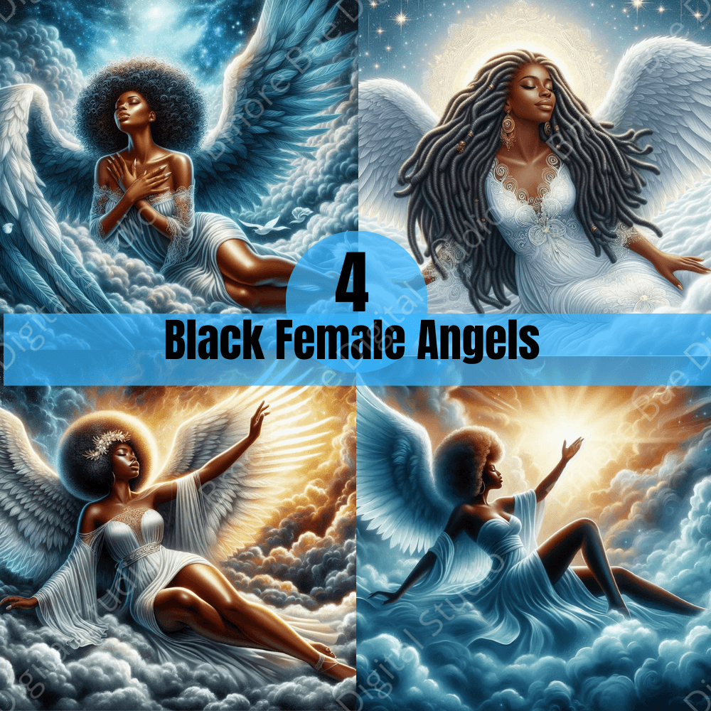 Black Female Angels | 4 Spiritual PNG Images | Divine Representation Digital Art Bundle - Bmore Bae Digital Boutique
