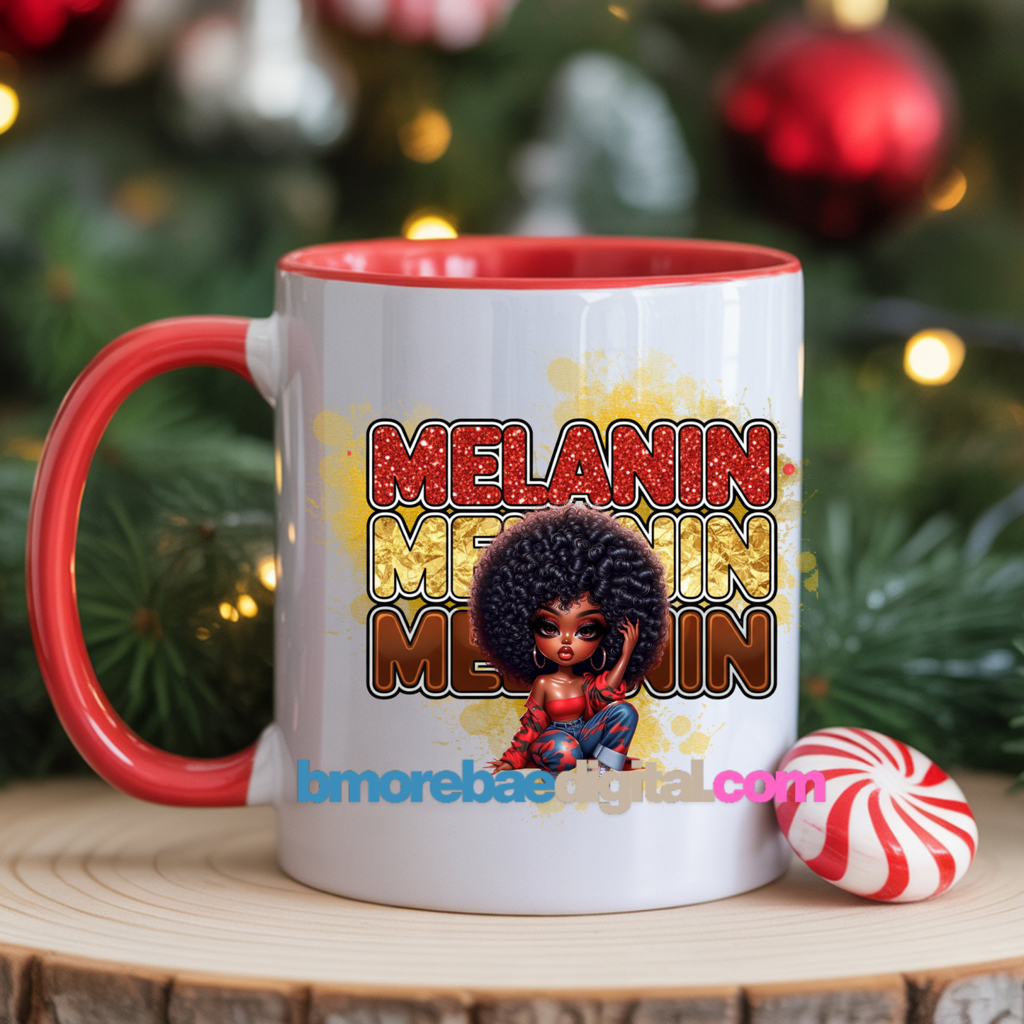 Melanin Christmas Afro Girl T-Shirt Graphic | Holiday Glitter PNG