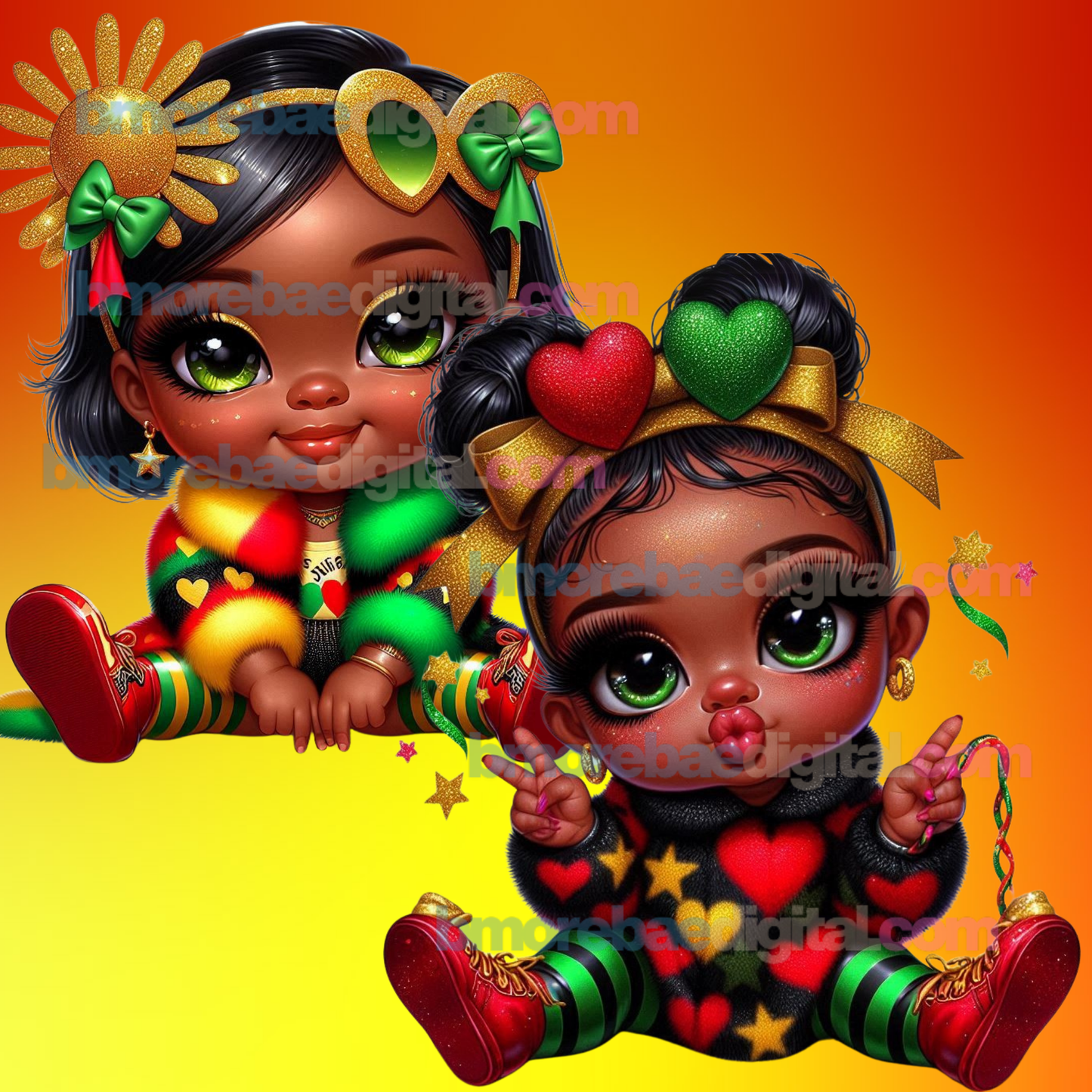 Sweet Riddim Cuties PNG Bundle | Afro Caribbean Girls Clipart | Reggae Rasta Heart PNGs for T-Shirts, Tumblers &amp; Afrocentric Crafts
