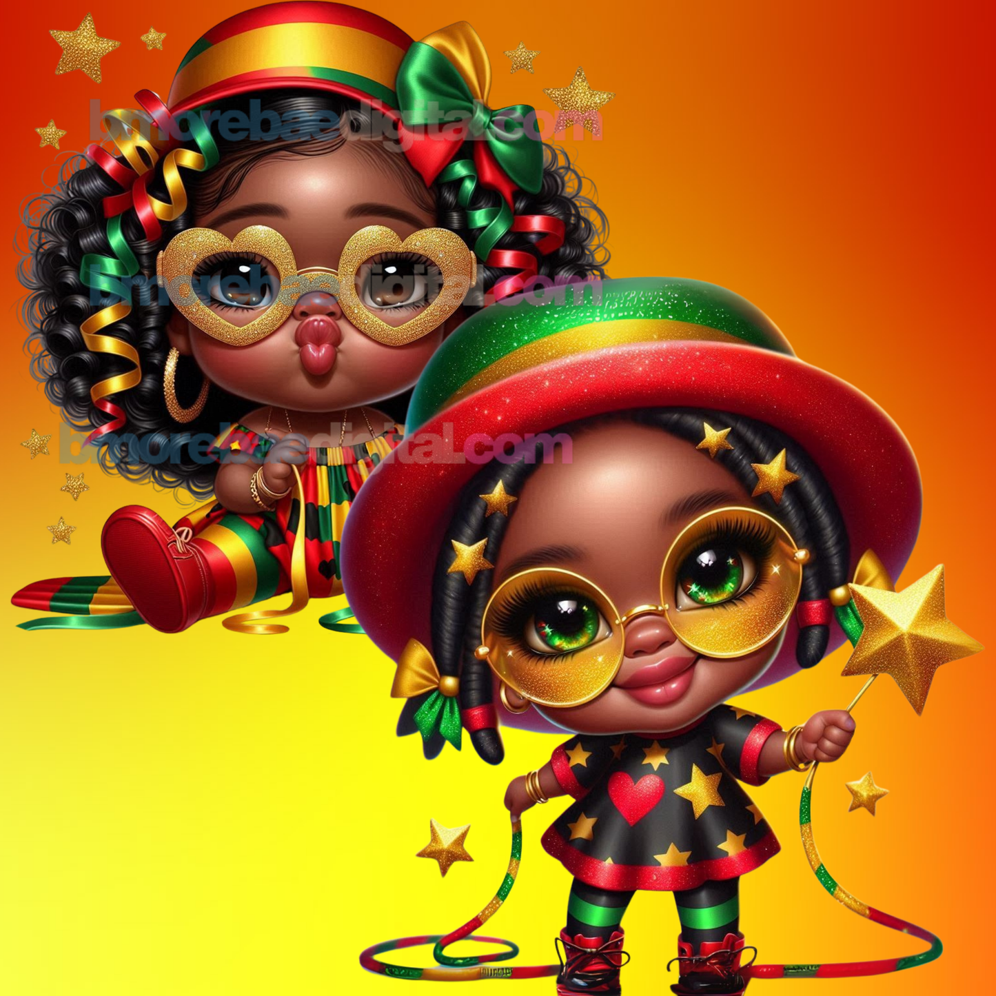 Sweet Riddim Cuties PNG Bundle | Afro Caribbean Girls Clipart | Reggae Rasta Heart PNGs for T-Shirts, Tumblers &amp; Afrocentric Crafts