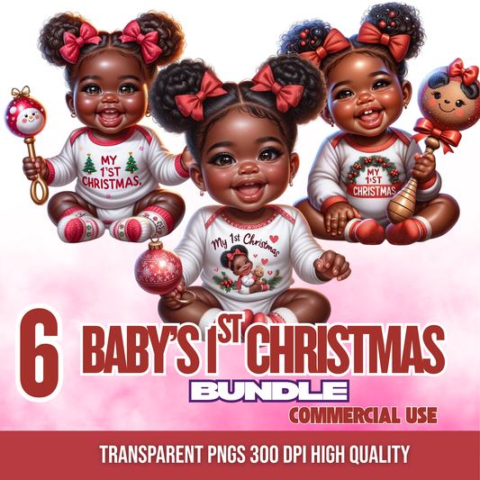 Baby’s 1st Christmas PNG Bundle | Cute African American Baby Clipart