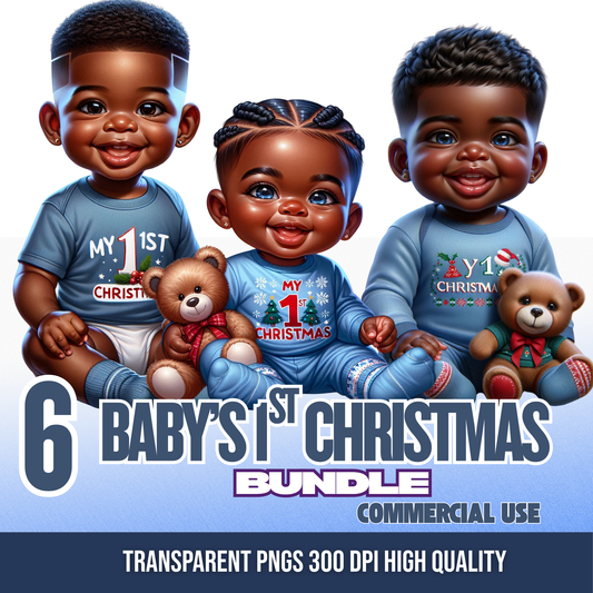 Baby’s 1st Christmas PNG Bundle Blue Edition | African American Baby Boy Clipart