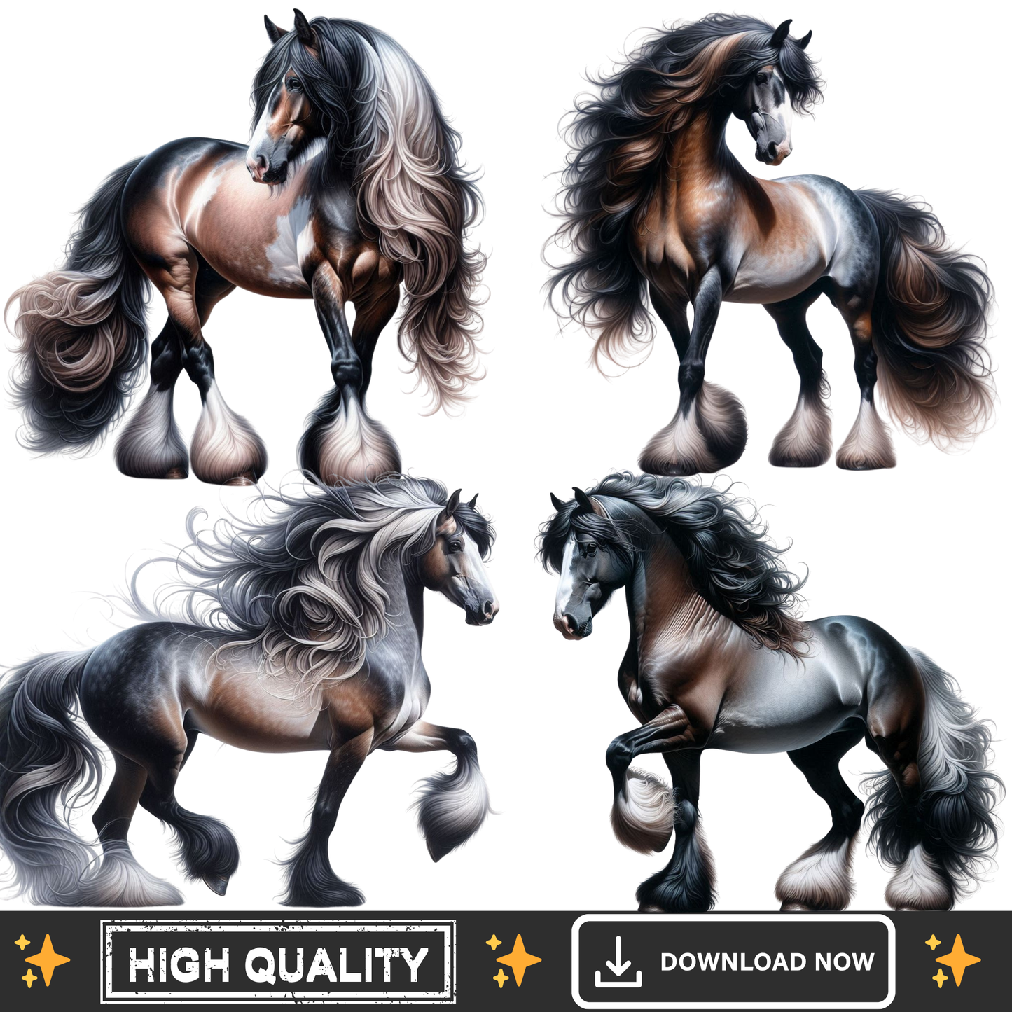 Bay Roan Horse PNG Bundle – 4 Realistic Equine Clipart Transparent