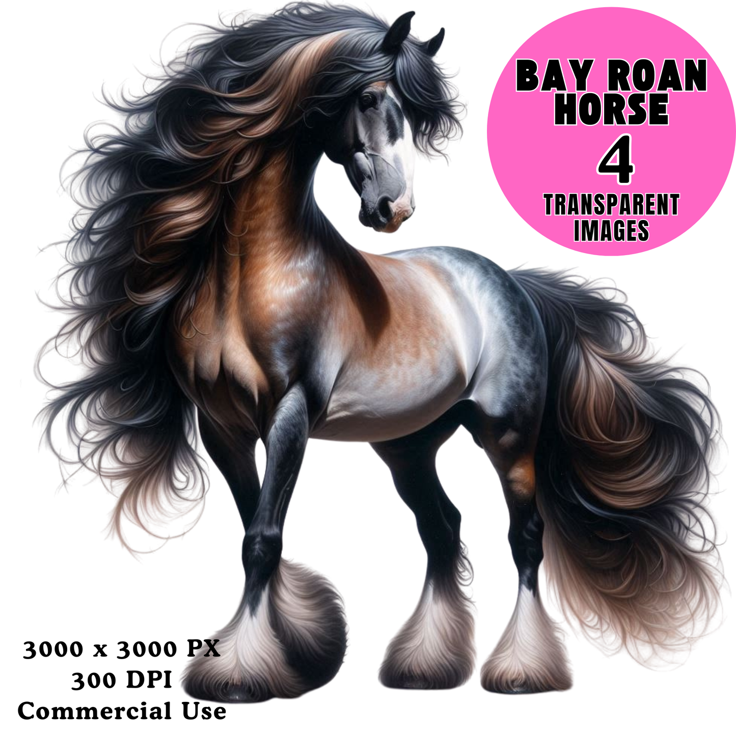 Bay Roan Horse PNG Bundle – 4 Realistic Equine Clipart Transparent