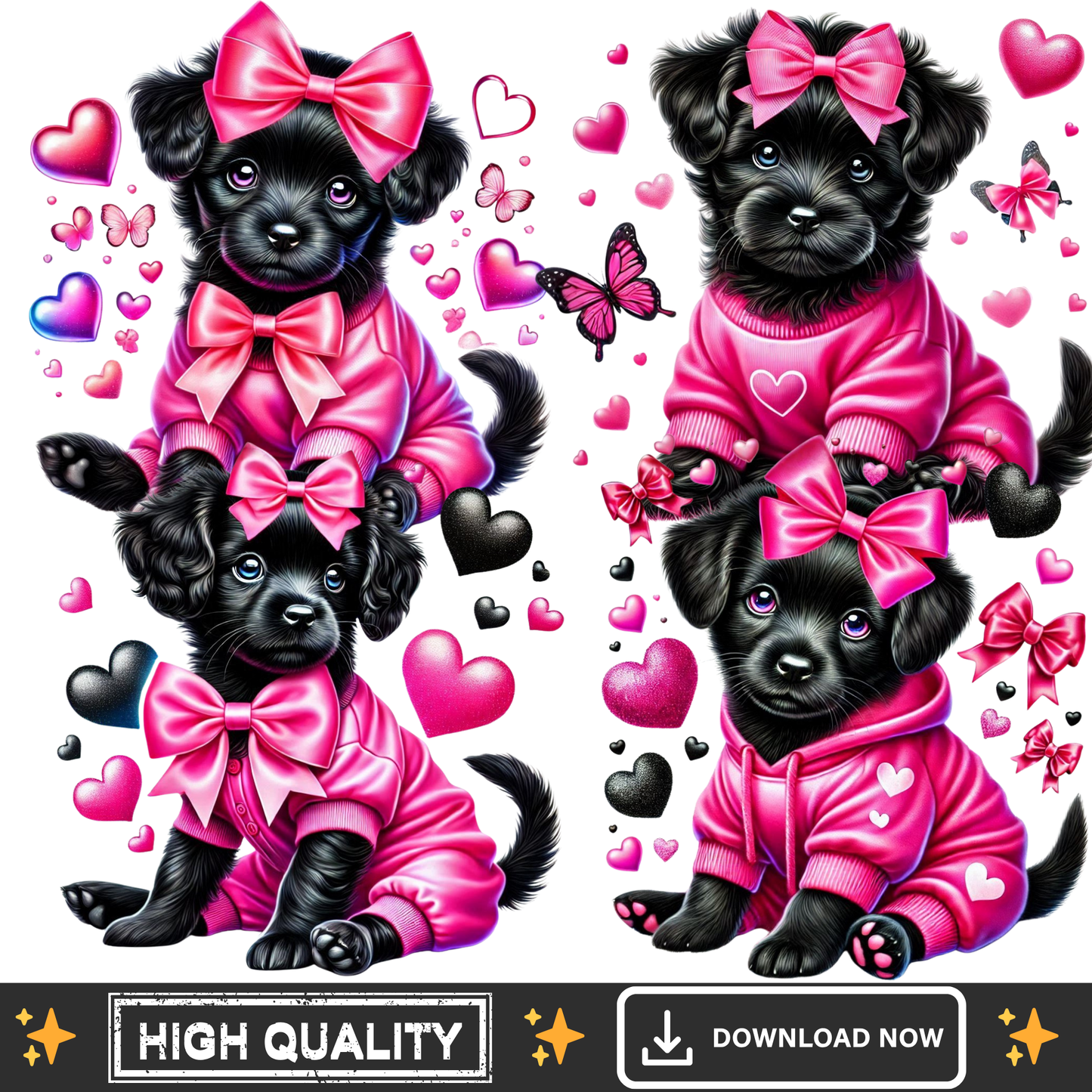 Black Puppy Love PNG Bundle – Cute Bow Dog Clipart Transparent