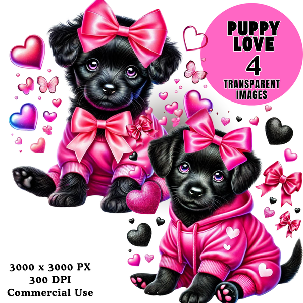 Black Puppy Love PNG Bundle – Cute Bow Dog Clipart Transparent