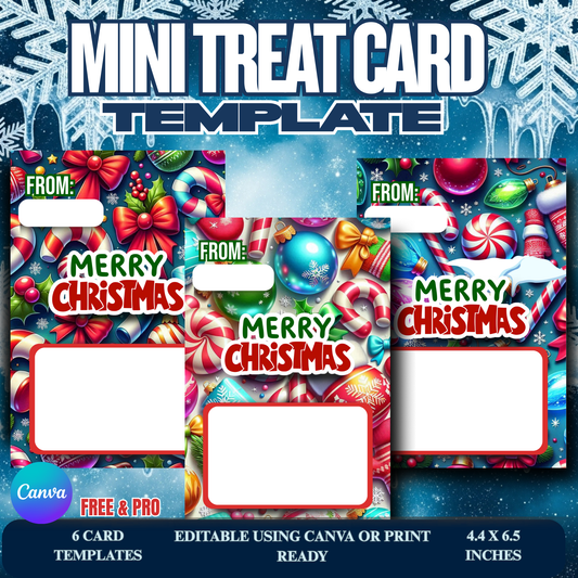 Christmas Mini Treat Card Templates – Editable Canva Holiday Treat Toppers (6 Designs)