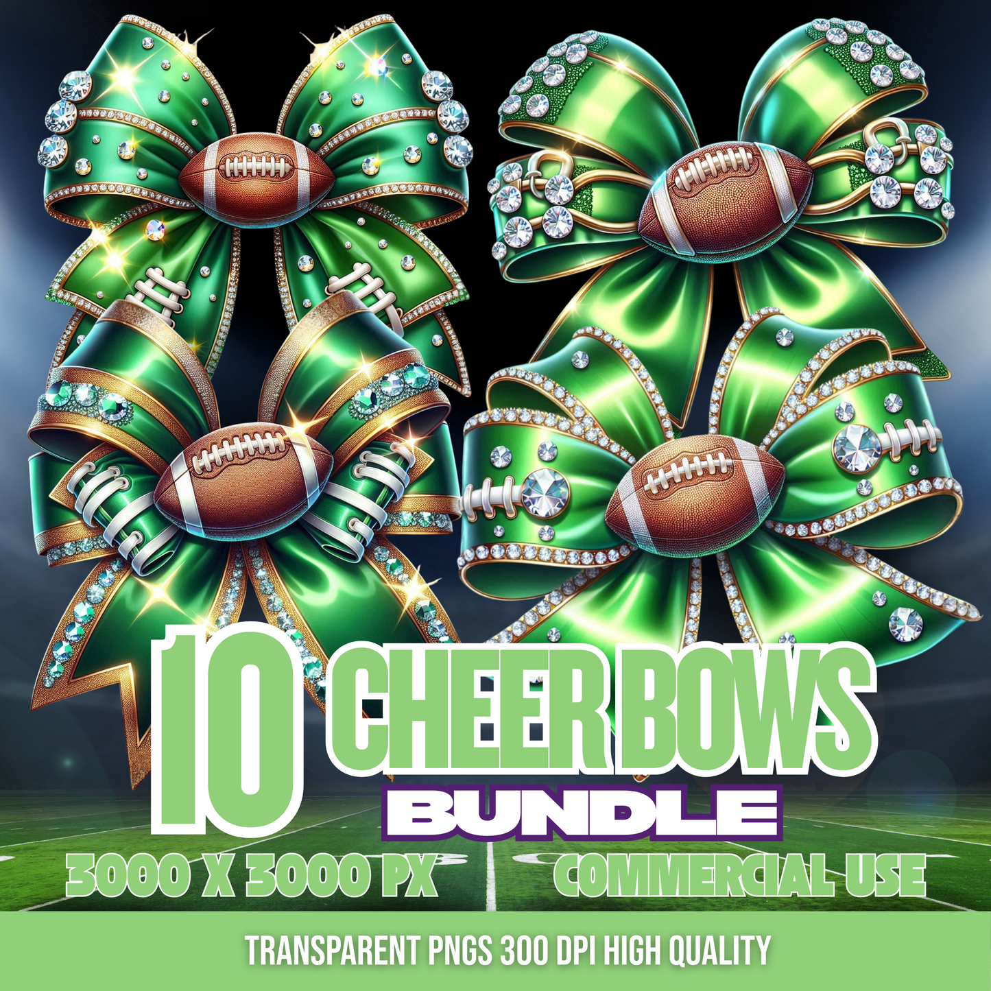 Green and Gold| Cheer Bows Bundle | Football Cheer PNGs