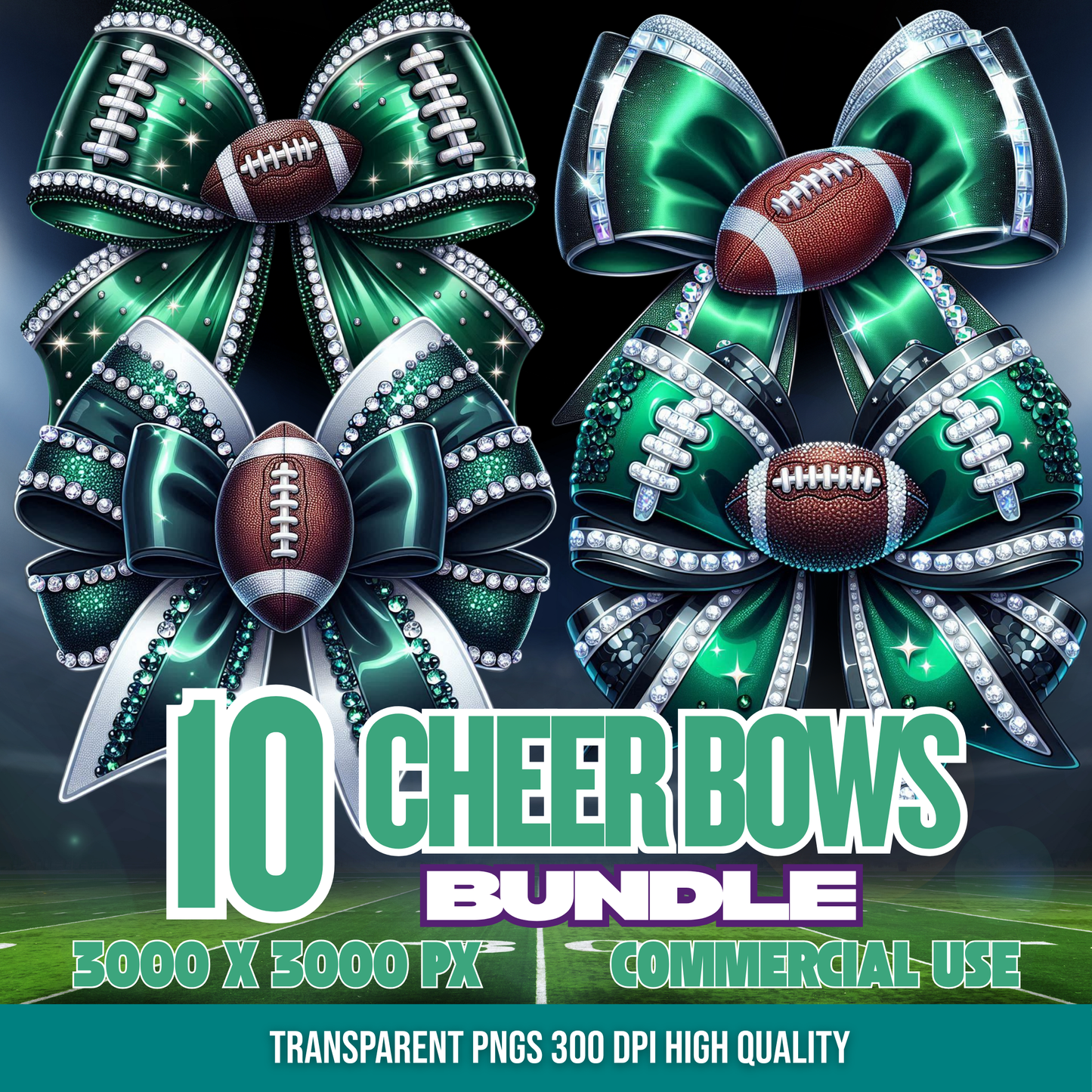 Green and White| Cheer Bows Bundle | Football Cheer PNGs
