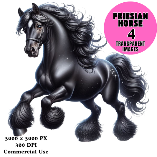 Friesian Horse PNG Bundle – 4 Black Horse Clipart Transparent