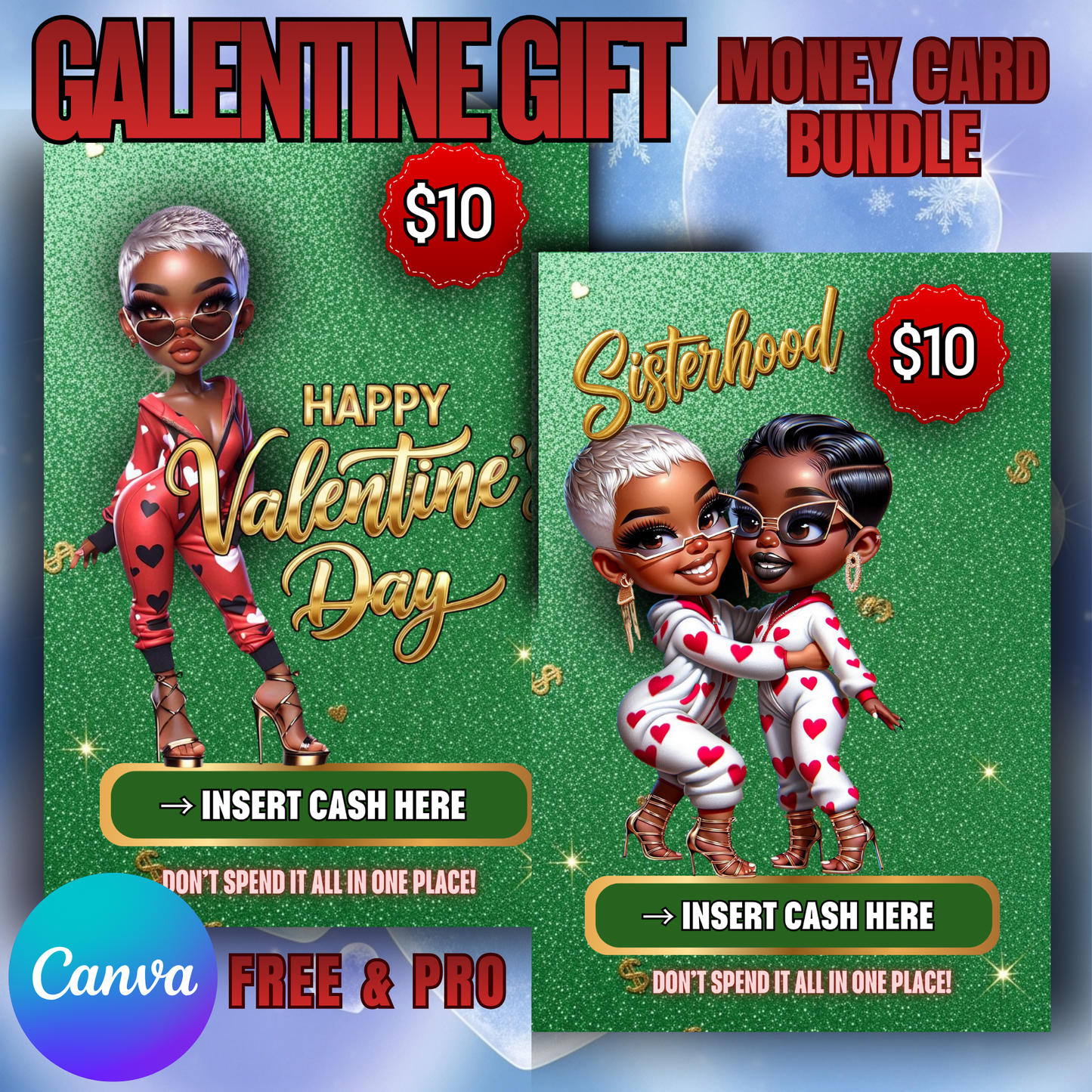 Galentine Money Card Bundle – Editable Canva Template (Printable)