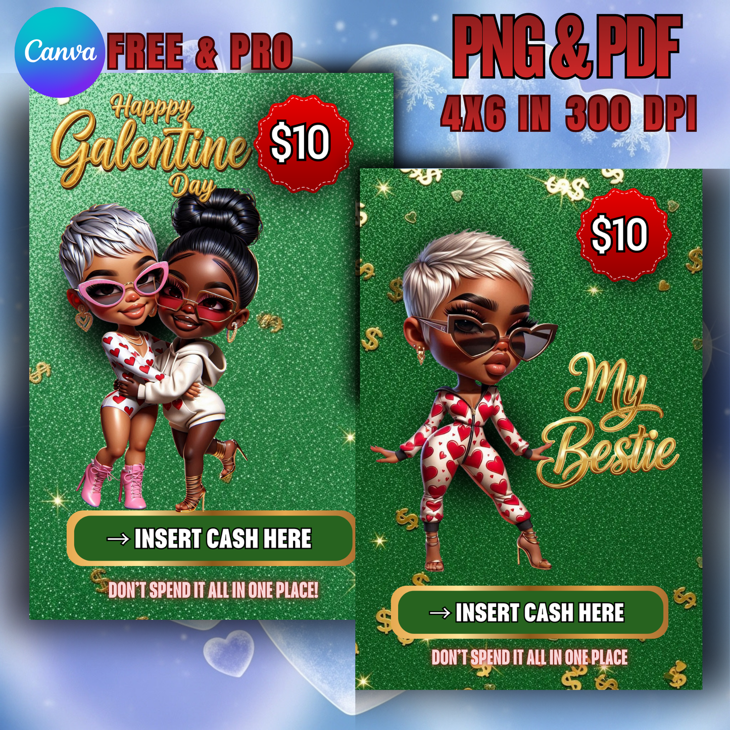 Galentine Money Card Bundle – Editable Canva Template (Printable)