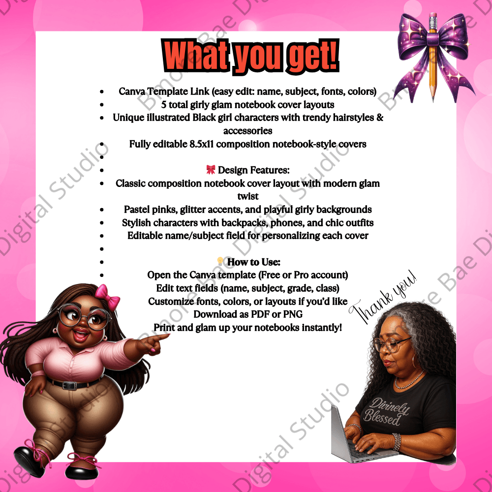 Girly Glam Black Girl Notebook Covers