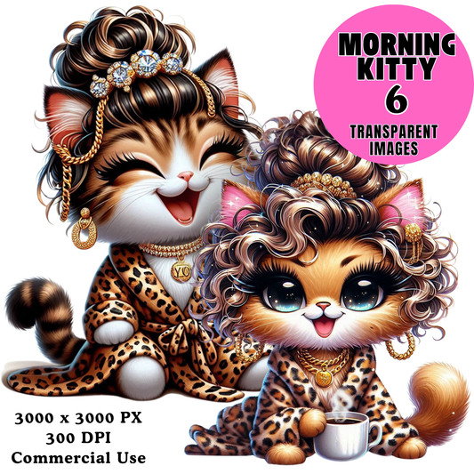 Morning Kitty PNG Bundle – 6 Glam Cat Clipart Transparent