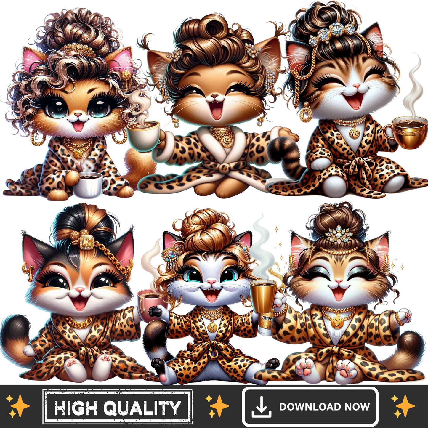 Morning Kitty PNG Bundle – 6 Glam Cat Clipart Transparent