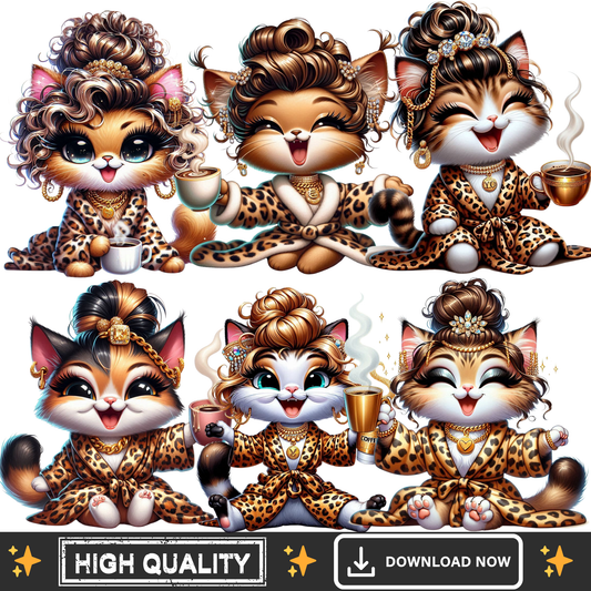 Morning Kitty PNG Bundle – 6 Glam Cat Clipart Transparent