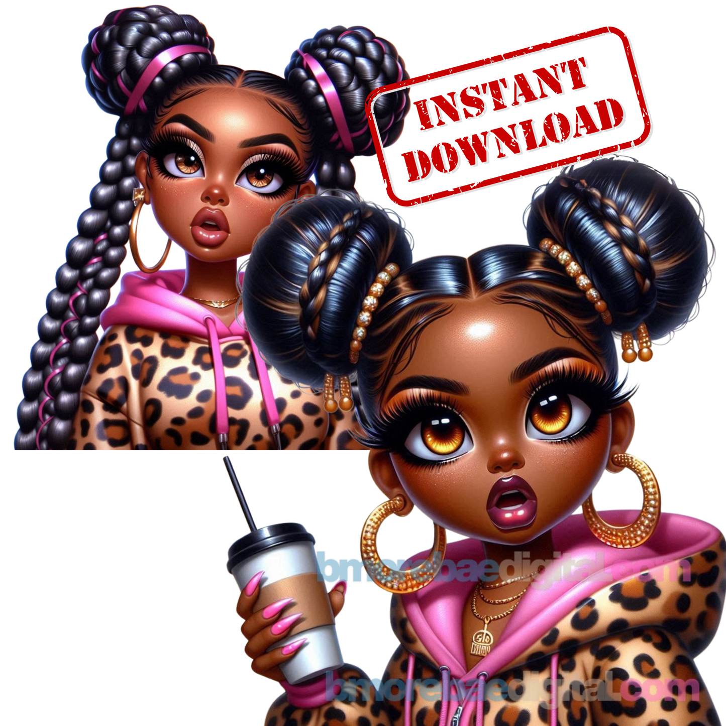 Melanated Cuties PNG Bundle | Black Girl Clipart | Afrocentric Digital Art | Leopard Print Chibi Girls