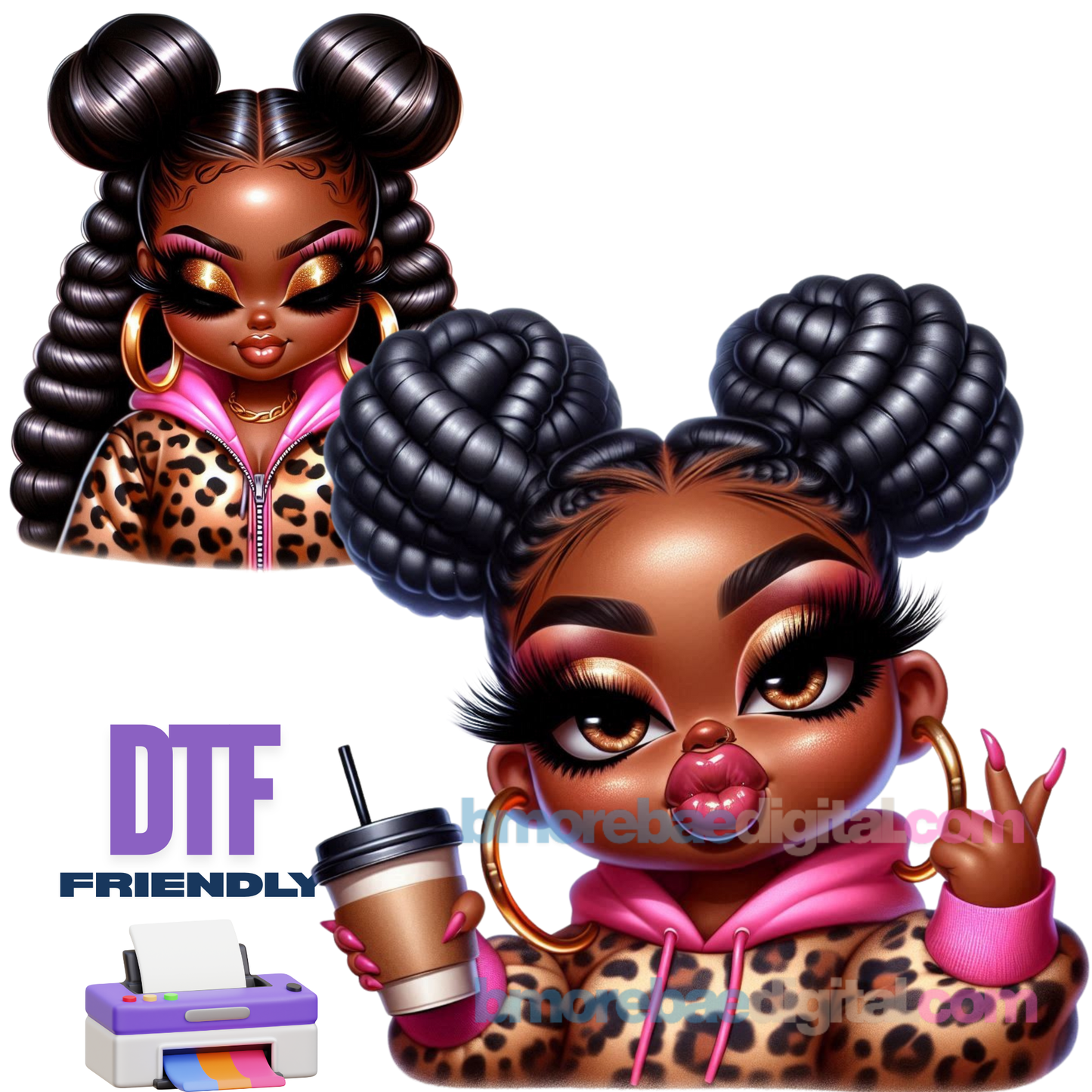 Melanated Cuties PNG Bundle | Black Girl Clipart | Afrocentric Digital Art | Leopard Print Chibi Girls