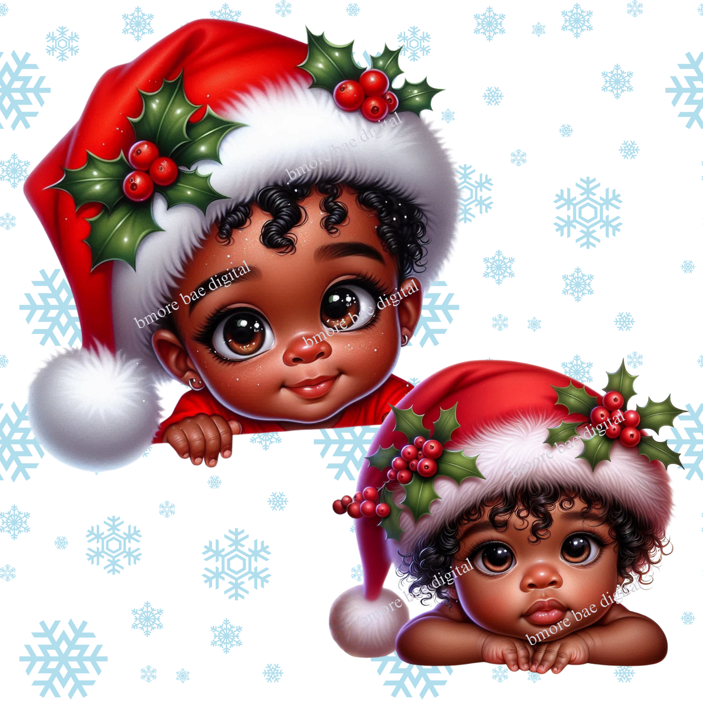 Christmas Baby Clipart | African American Peekaboo Santa Babies | Holiday PNG Bundle