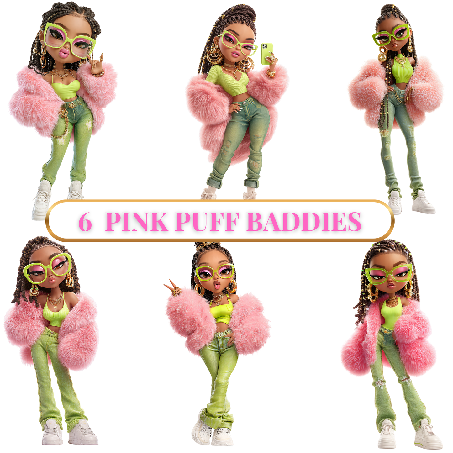 Pink Puff Baddies – Premium Luxury Clipart Bundle (6 Fashion Dolls)