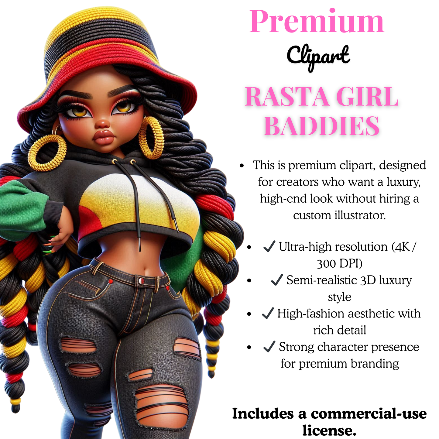 Premium Clipart Bundle – Rasta Girl Baddies (6 Platinum Designs)