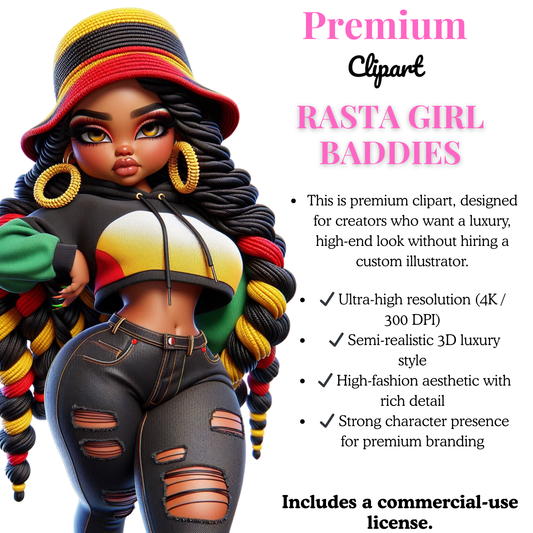 Premium Clipart Bundle – Rasta Girl Baddies (6 Platinum Designs)