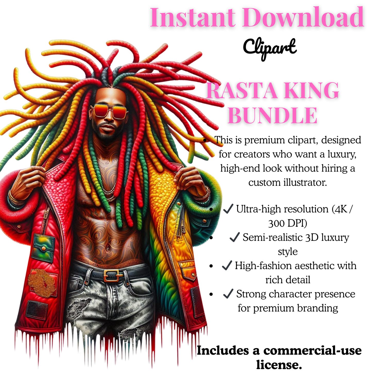 Rasta King Clipart Bundle – Premium 3D Black Man Clipart (Instant Download)