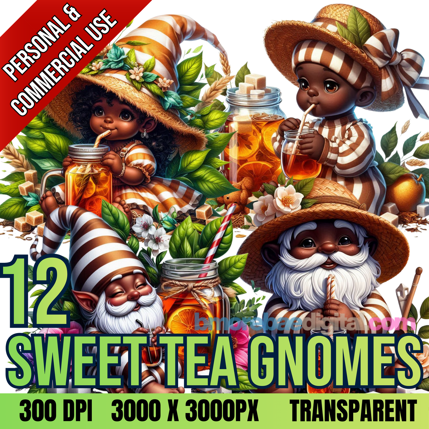 Sweet Tea Black Gnomes PNG Bundle | Afrocentric Summer Clipart | Southern Gnome Sublimation | Cute Melanin Art for Shirts, Tumblers & Decor