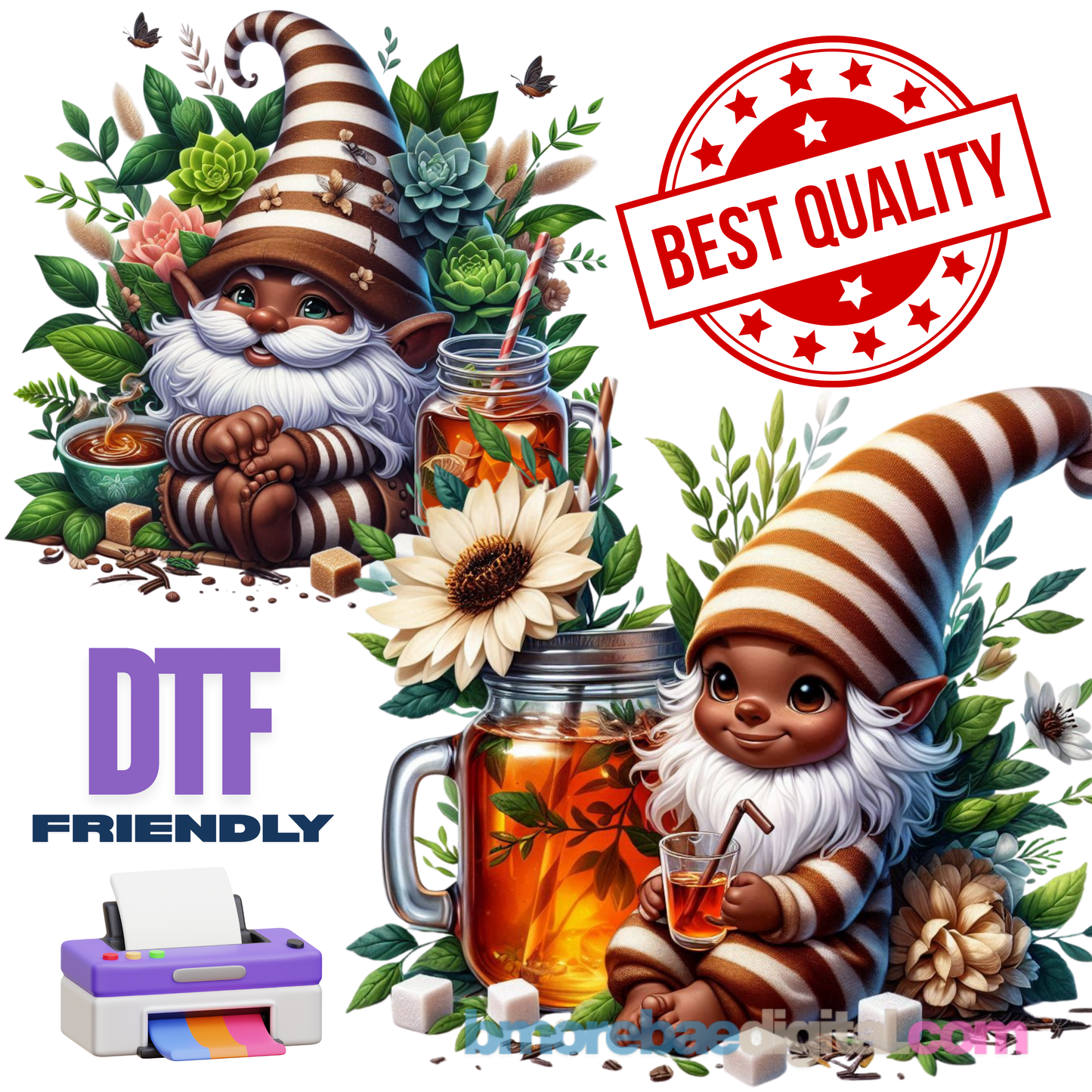 Sweet Tea Black Gnomes PNG Bundle | Afrocentric Summer Clipart | Southern Gnome Sublimation | Cute Melanin Art for Shirts, Tumblers & Decor