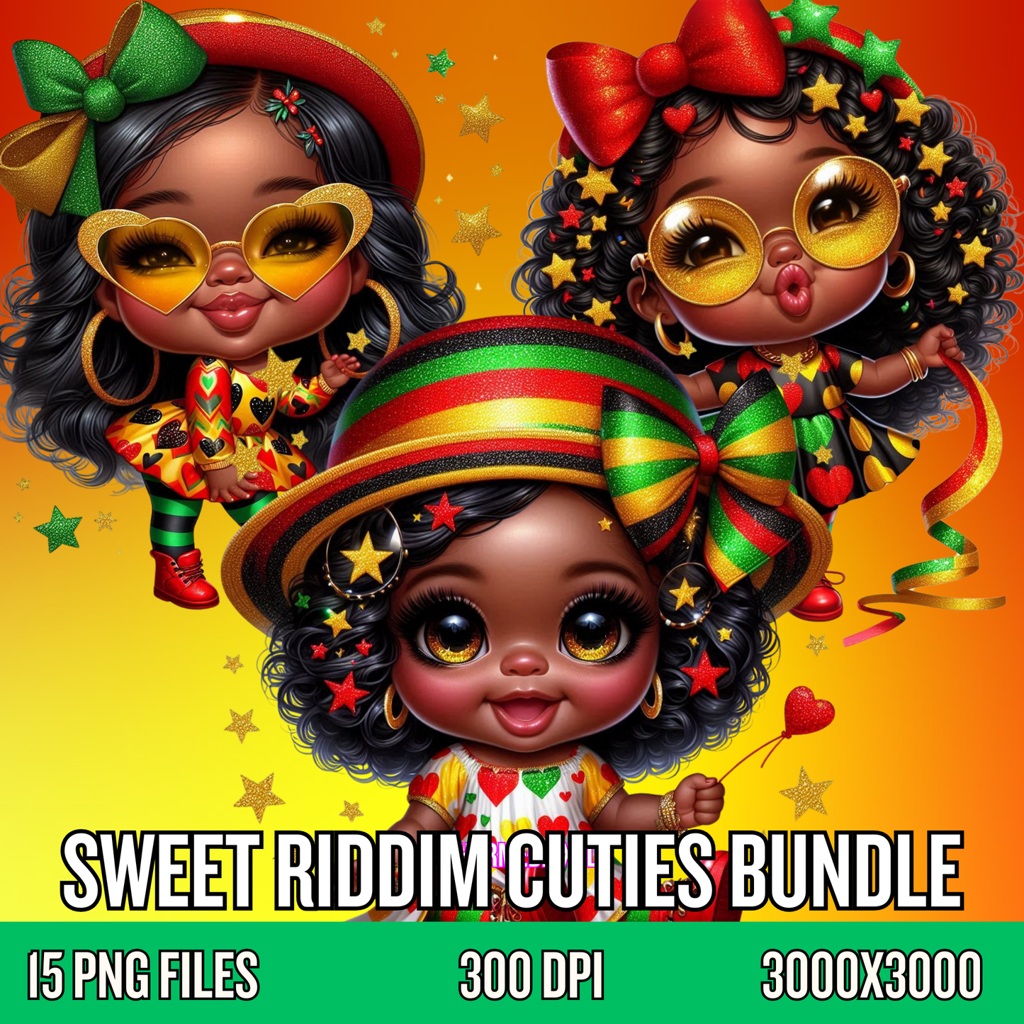 Sweet Riddim Cuties PNG Bundle | Afro Caribbean Girls Clipart | Reggae Rasta Heart PNGs for T-Shirts, Tumblers &amp; Afrocentric Crafts
