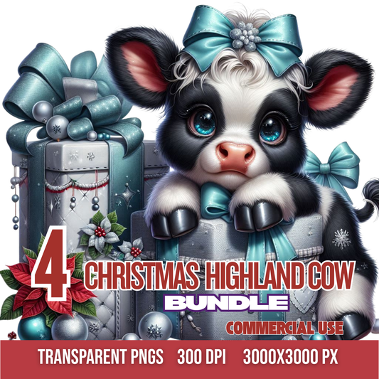 Black and White Highland Cow Christmas Tiffany Blue Gifts PNG Bundle