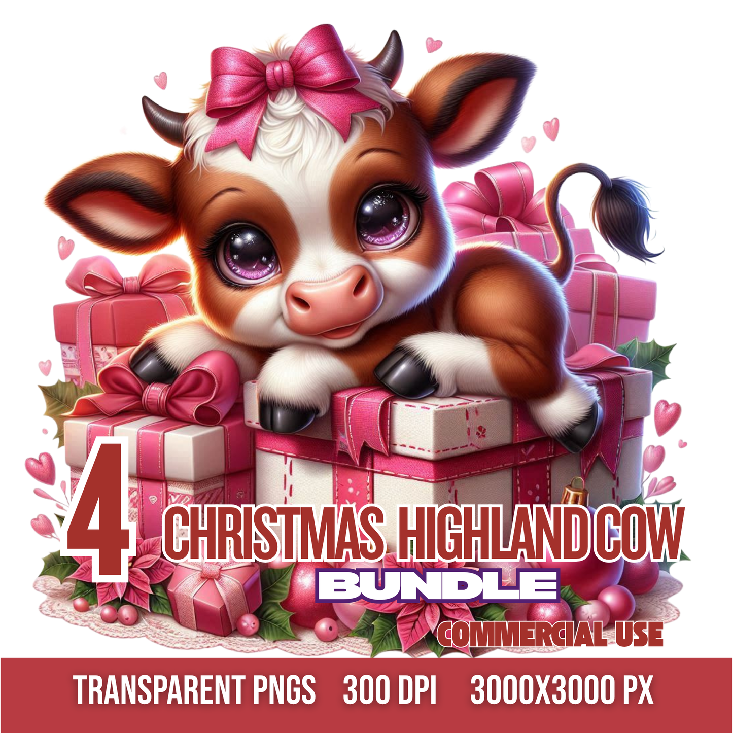 Brown and White Highland Cow Christmas Pink Gifts PNG Bundle