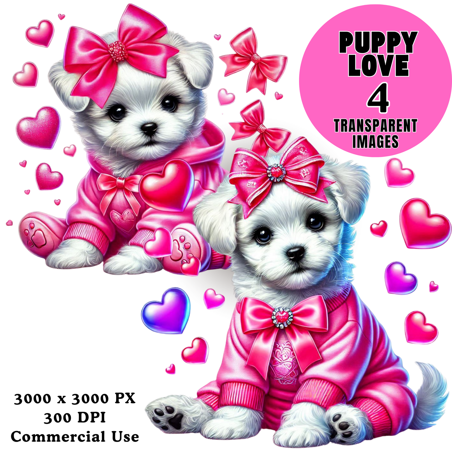 Puppy Love PNG Bundle – 4 Cute Valentine Puppies Clipart Transparent