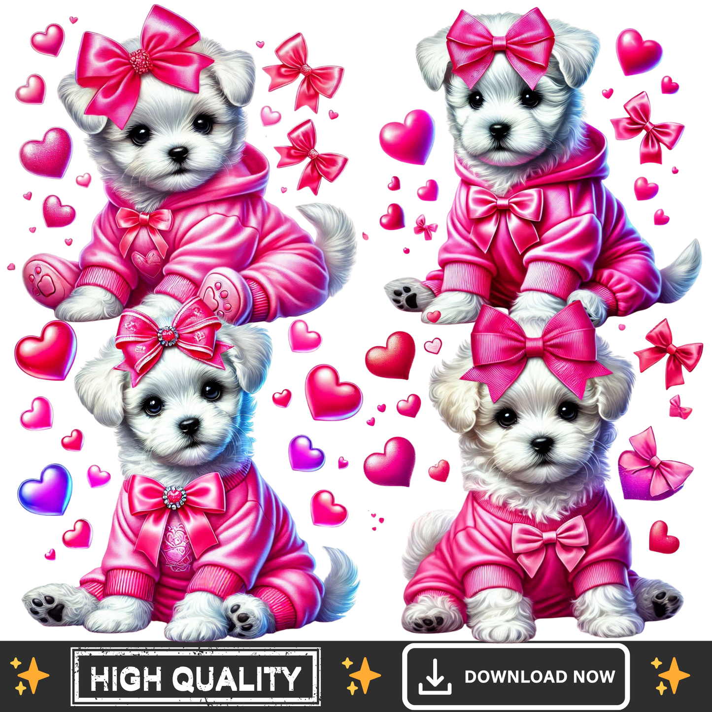 Puppy Love PNG Bundle – 4 Cute Valentine Puppies Clipart Transparent